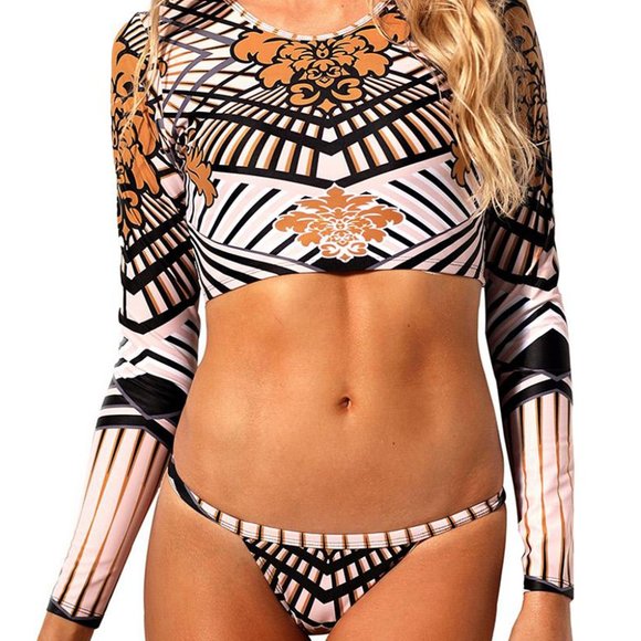 1 BRAND NEW Totem African Print Long Sleeve Tanga Swimsuit - Picture 1 of 8